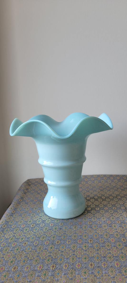 1950s Altaglass Robin's Egg Blue Ruffled Vase
