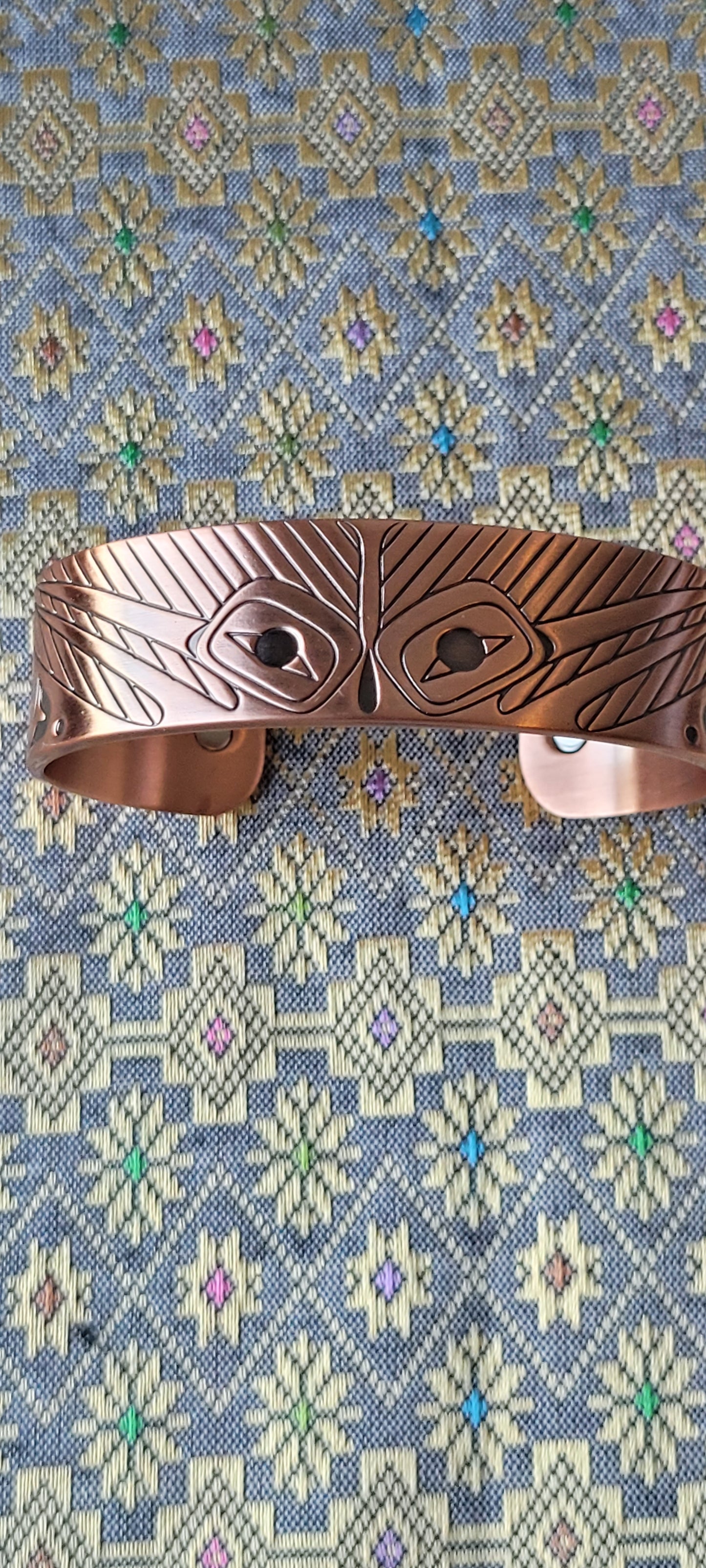 Hummingbirds Copper Cuff Bracelet by Gordon White, Haida