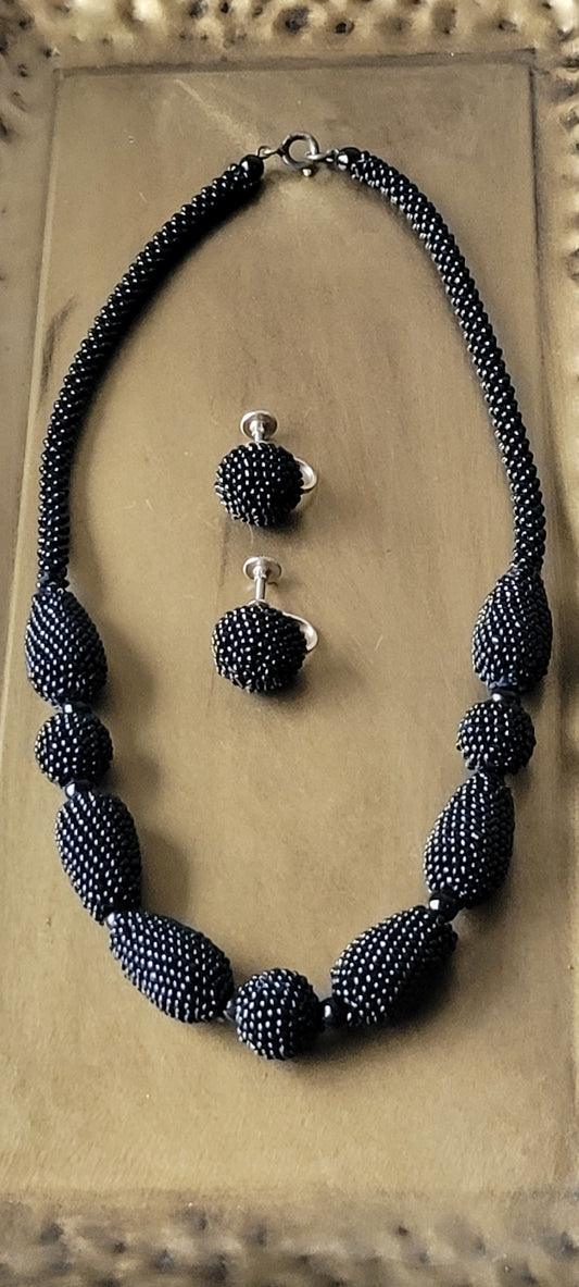 Black Seed Bead Choker Necklace and Screwback Earrings