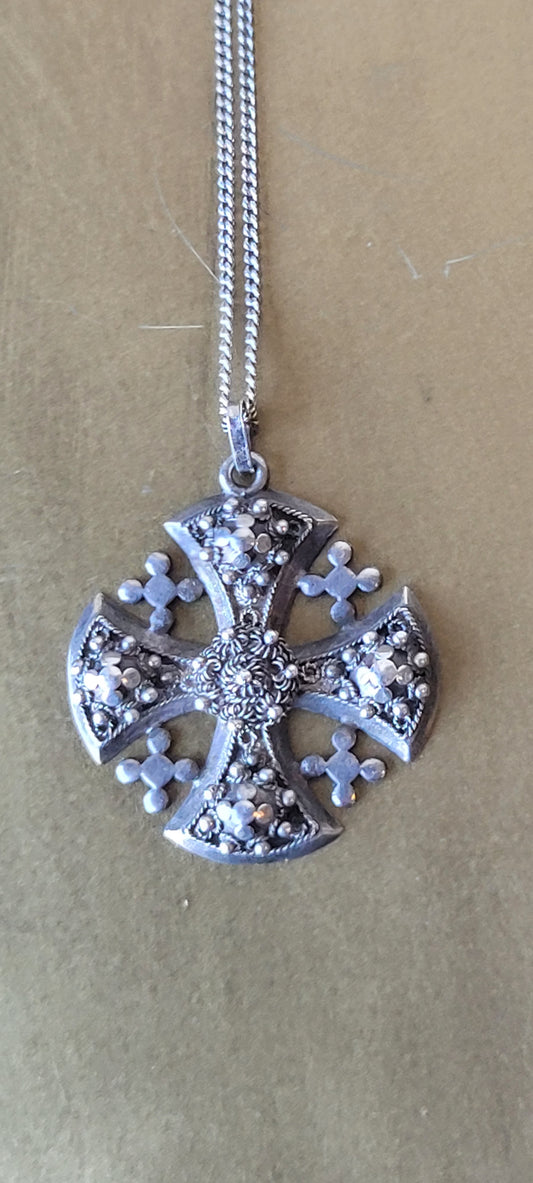 Rare Jerusalem Sterling Cross Pendant 18" Necklace