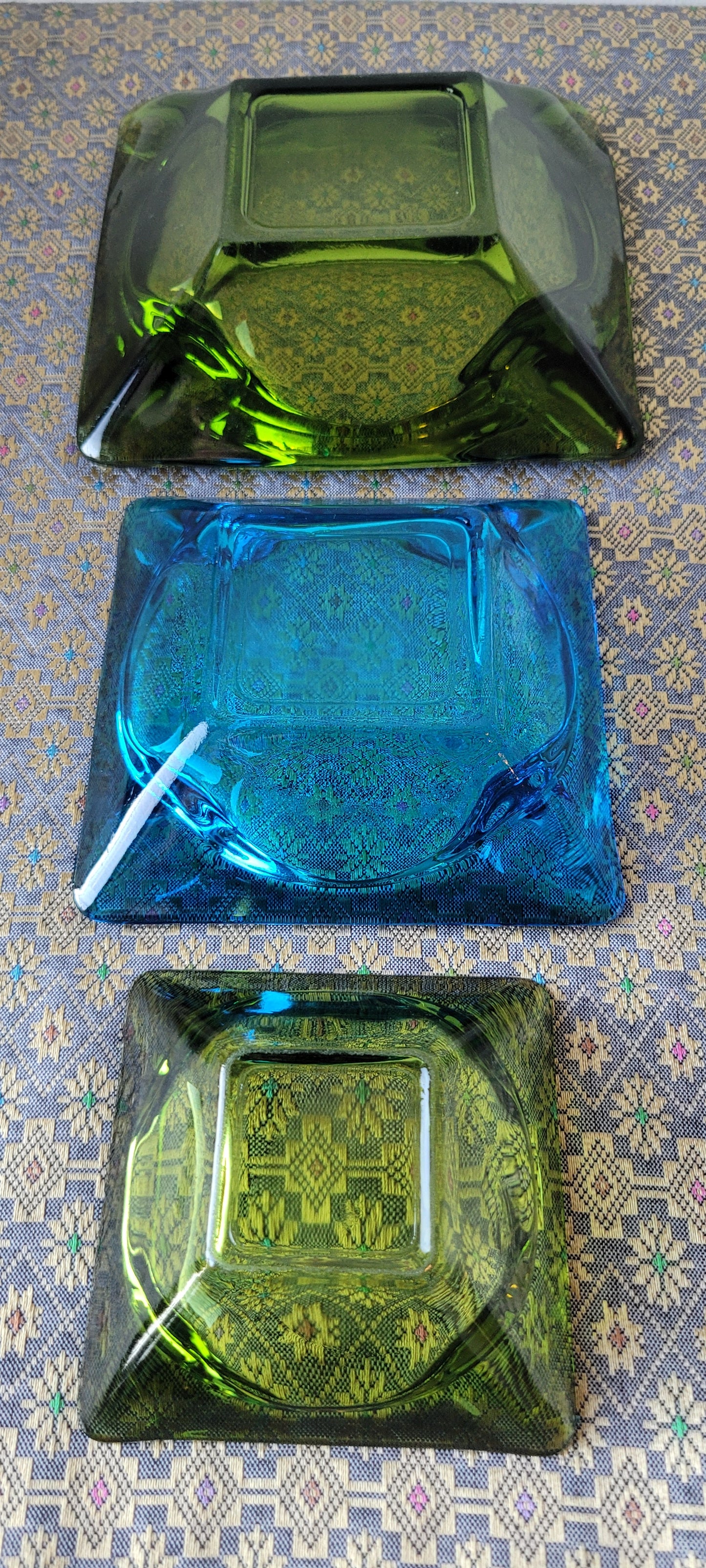 70s Green and Blue Glass Nesting Ashtrays Set of 3