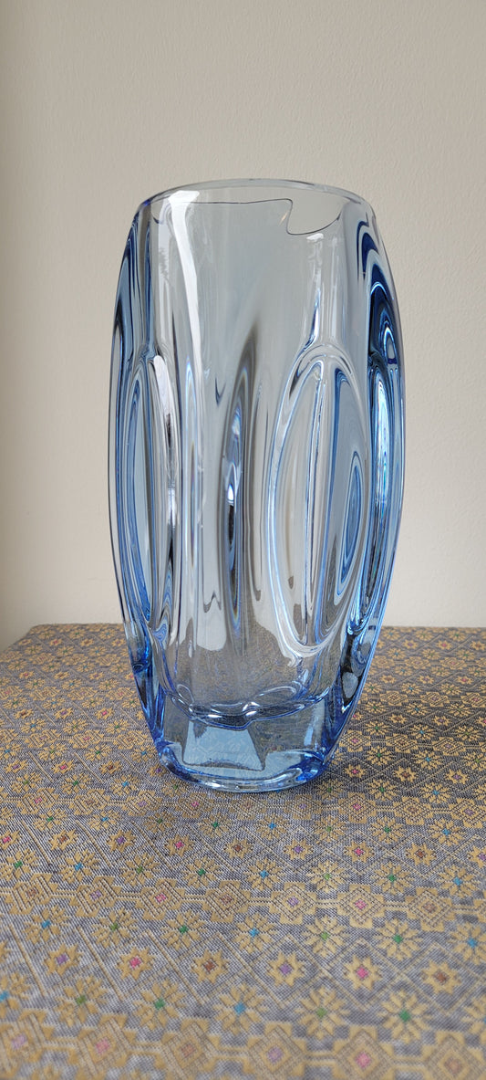MCM 50s Czechoslovakian Art Glass Blue 8" Bullet Vase by Rudolf Schrötter for Sklo Union