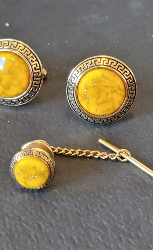 Yellow Stone Versace-esque Cufflinks and Tie Tack 3 Piece Jewelry Set