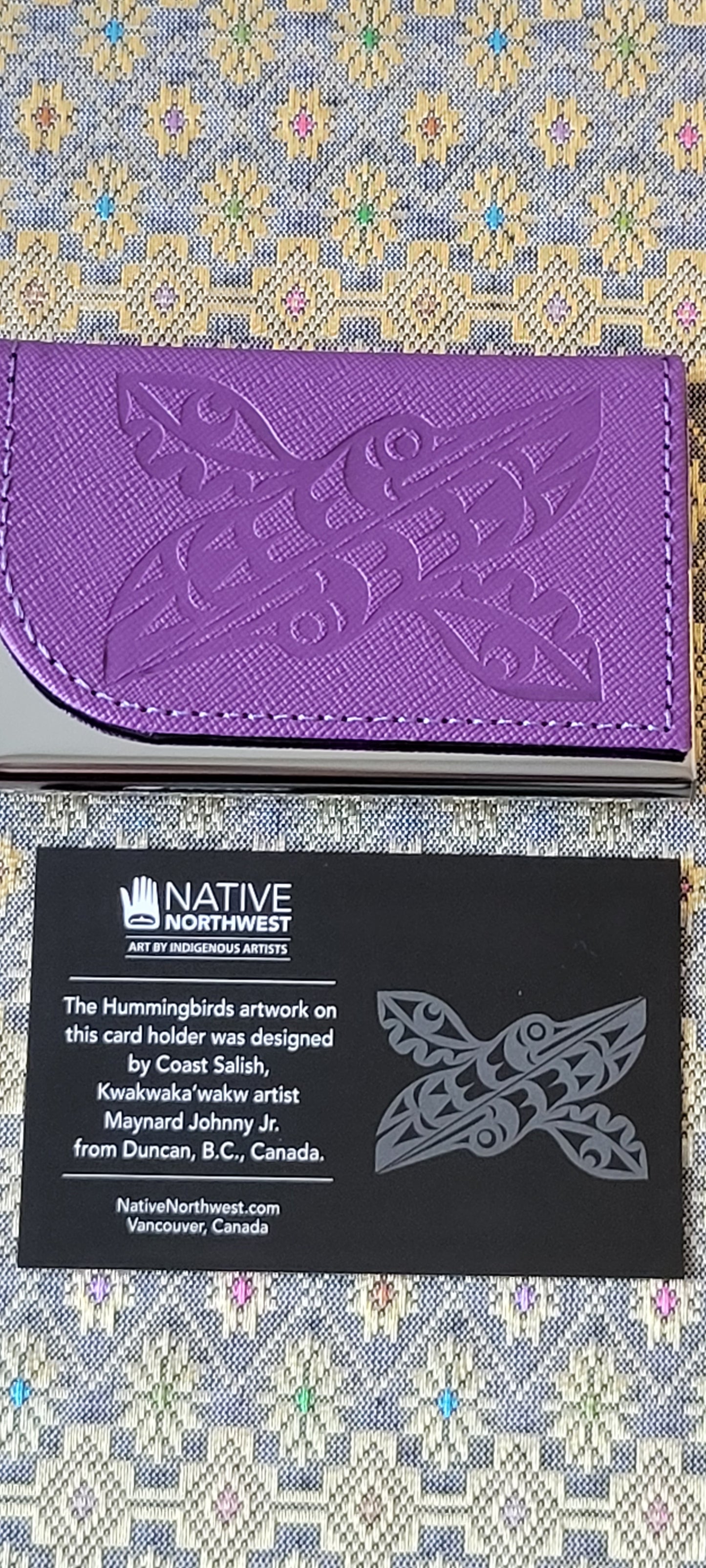 Purple Hummingbirds Card Holder by Maynard Johnny Jr. Coast Salish, Kwakwaka'wakw